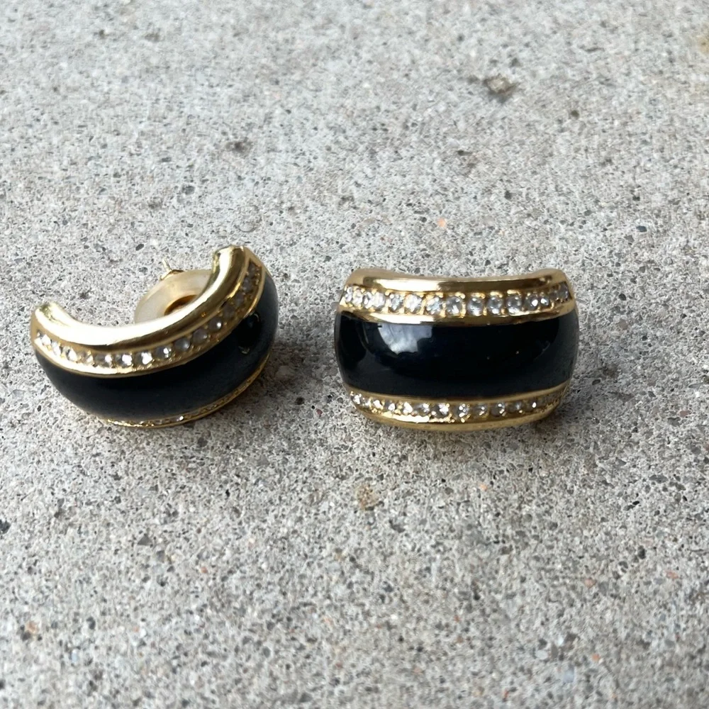 Vintage Gold Black Enamel pierced Earrings Rhinestone accents